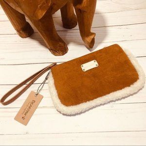 BEARPAW Faux Shearling Honey Brown Zip Pouch Wristlet Bag NWT